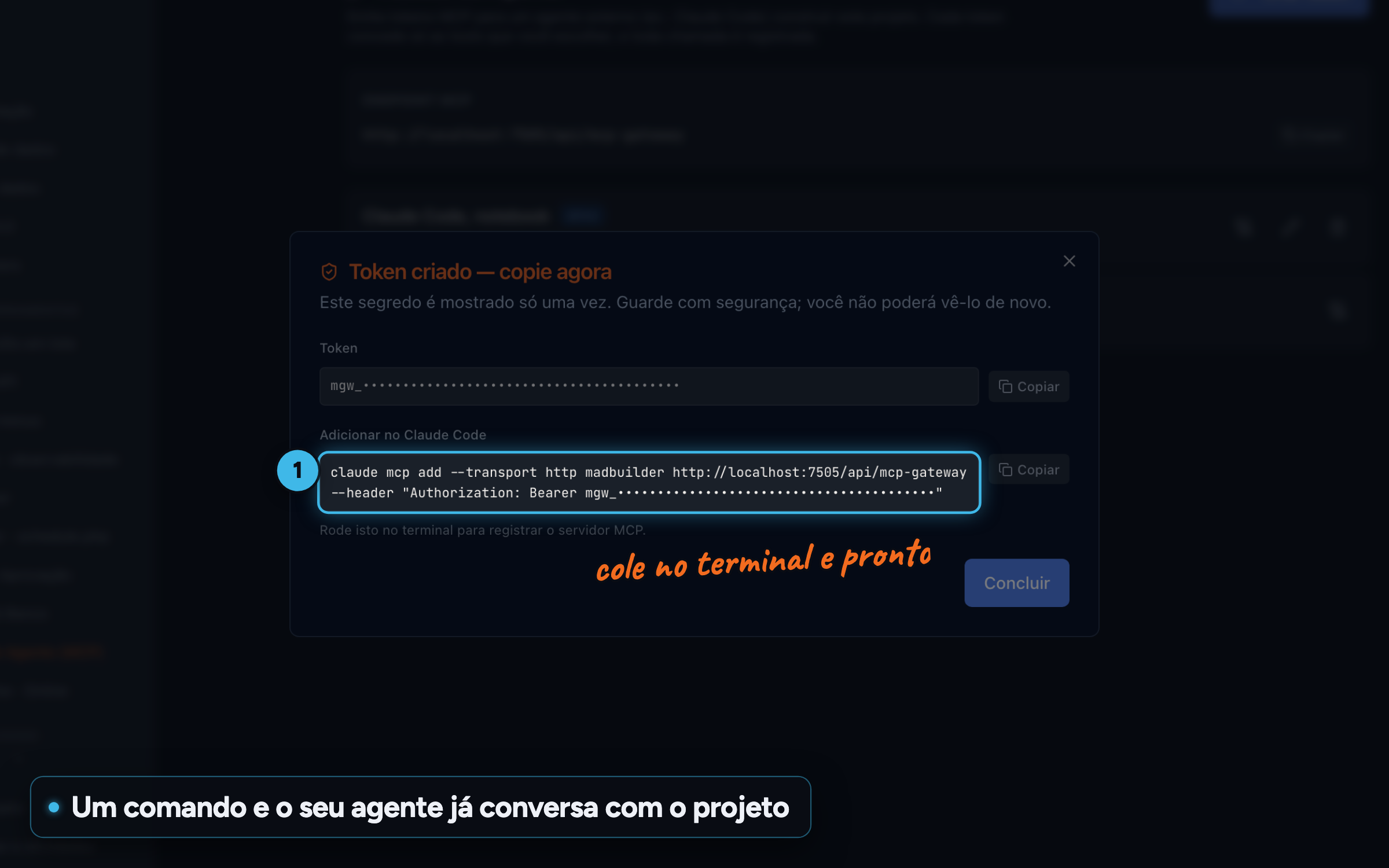 Modal Token creado del Acceso de Agente con el comando claude mcp add listo para pegar, token enmascarado