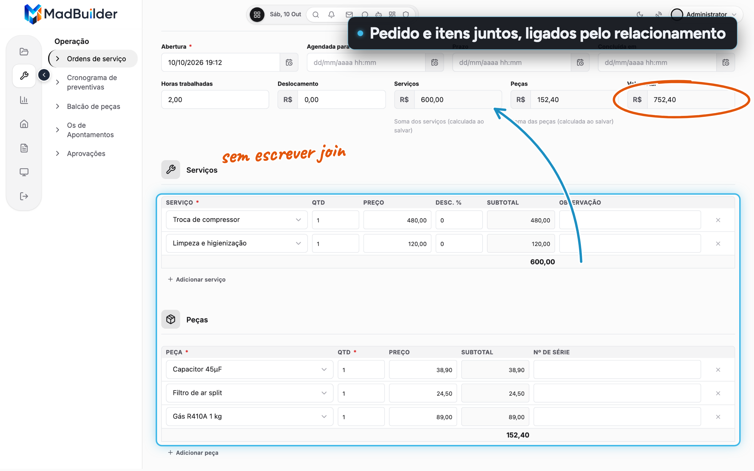 Tela de pedido com a grade de itens ligada pelo relacionamento, sem escrever join