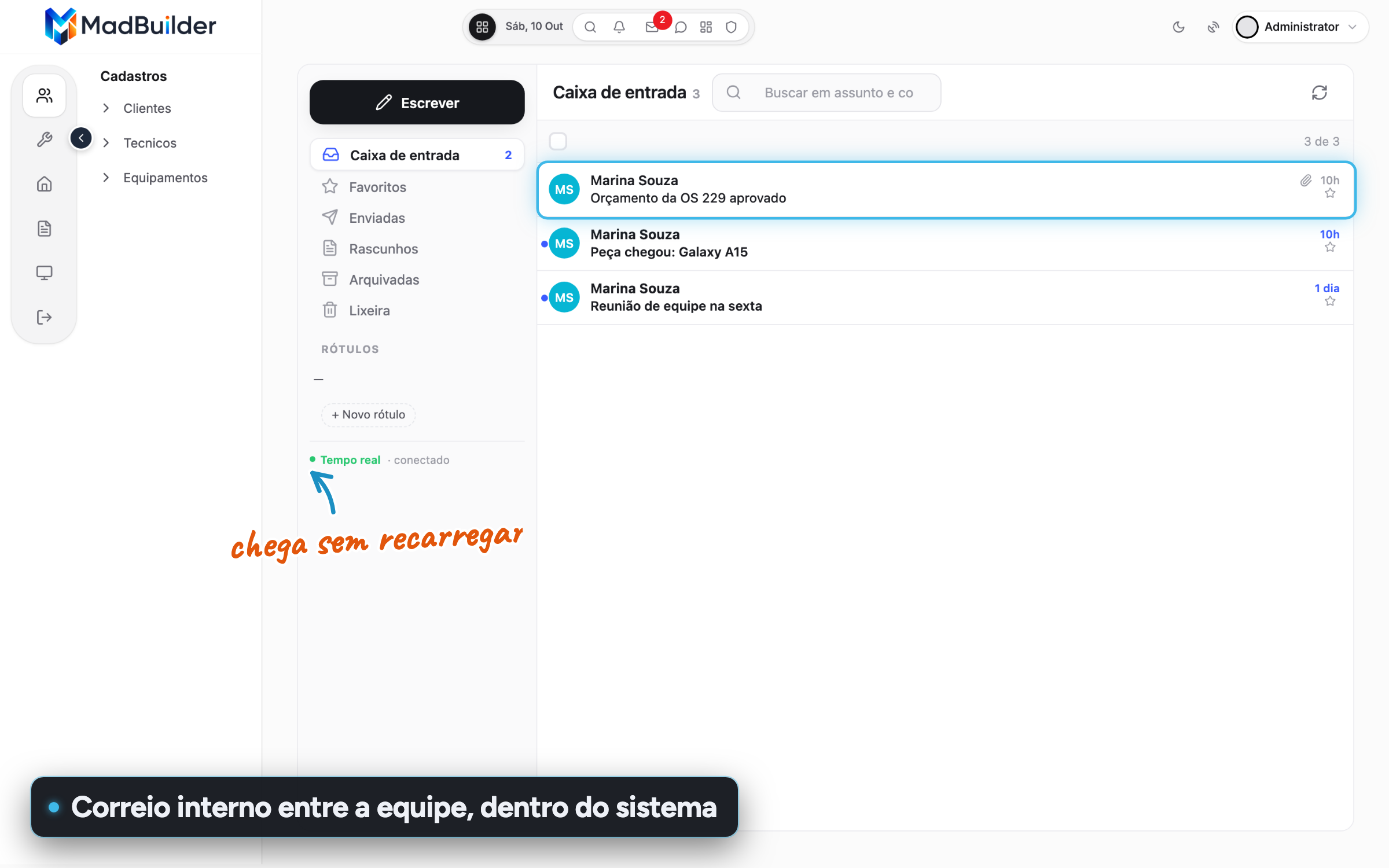 Bandeja de entrada del correo interno con tres mensajes, uno de ellos con adjunto