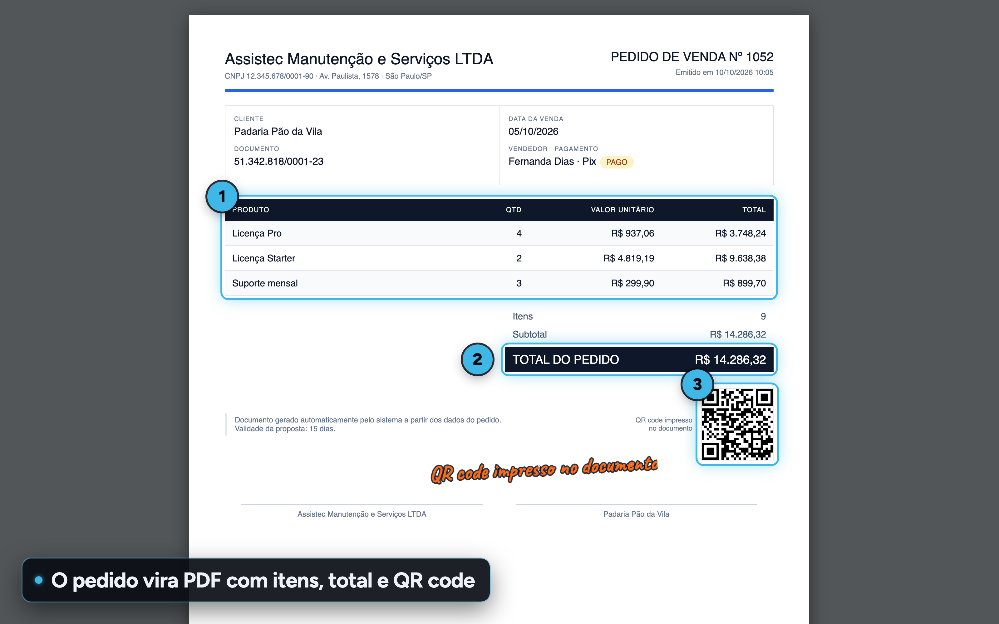 Página de PDF de un pedido de venta con ítems, total del pedido, código QR y líneas de firma