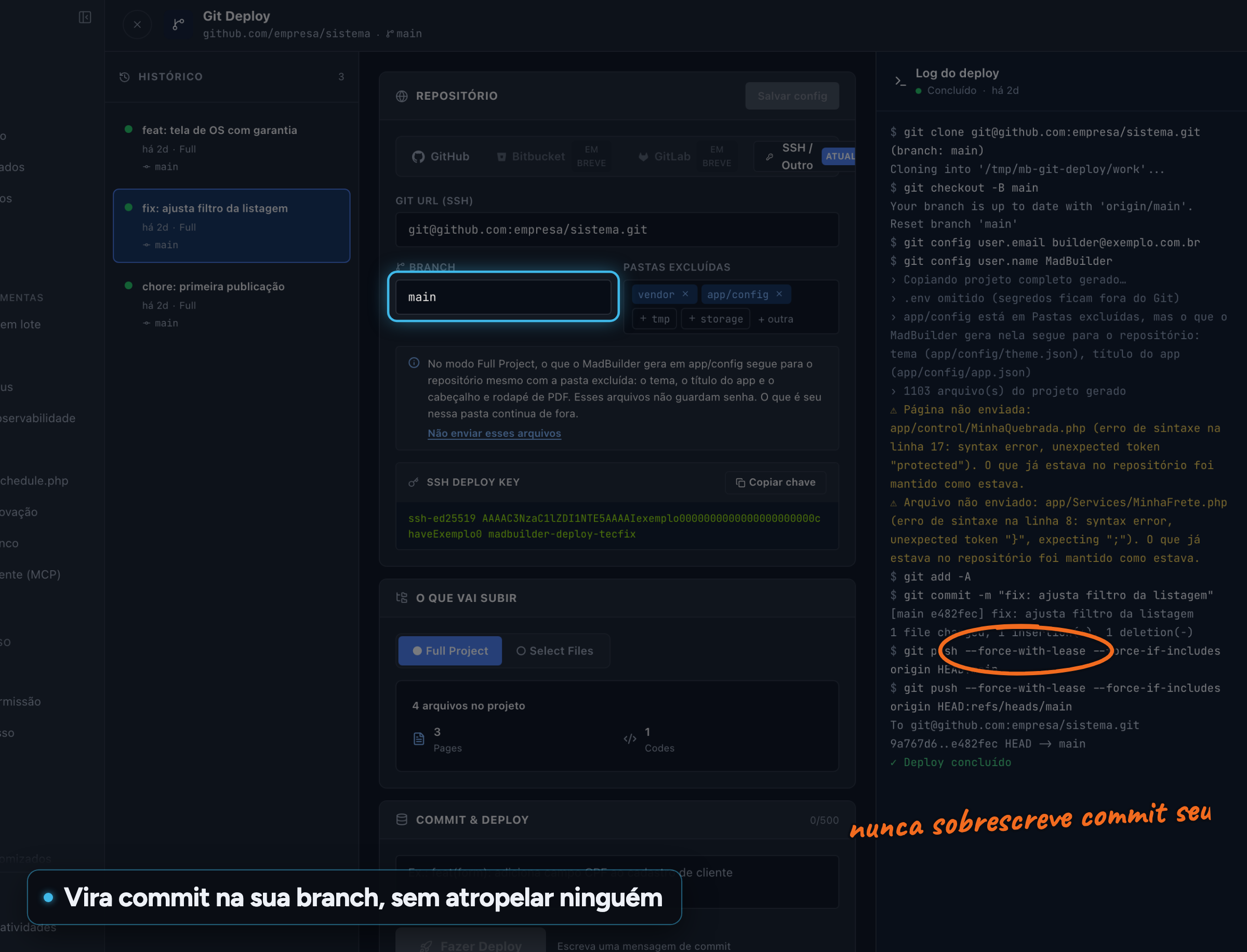 Git Deploy de MadBuilder con la branch main, el historial de publicaciones y el log del push que no sobrescribe commits