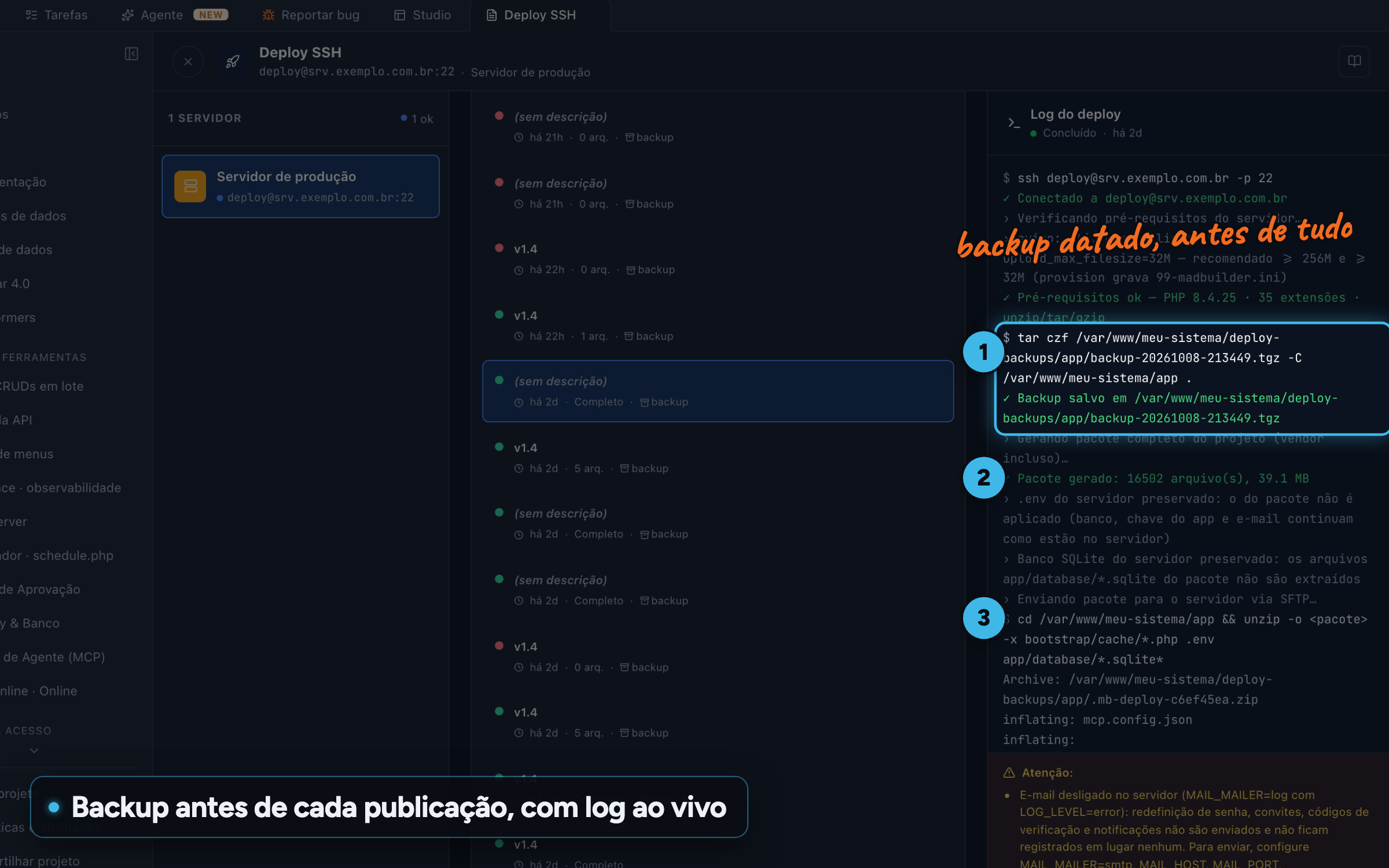Deploy SSH de MadBuilder con el log concluido: backup con fecha del servidor, paquete enviado y .env preservado