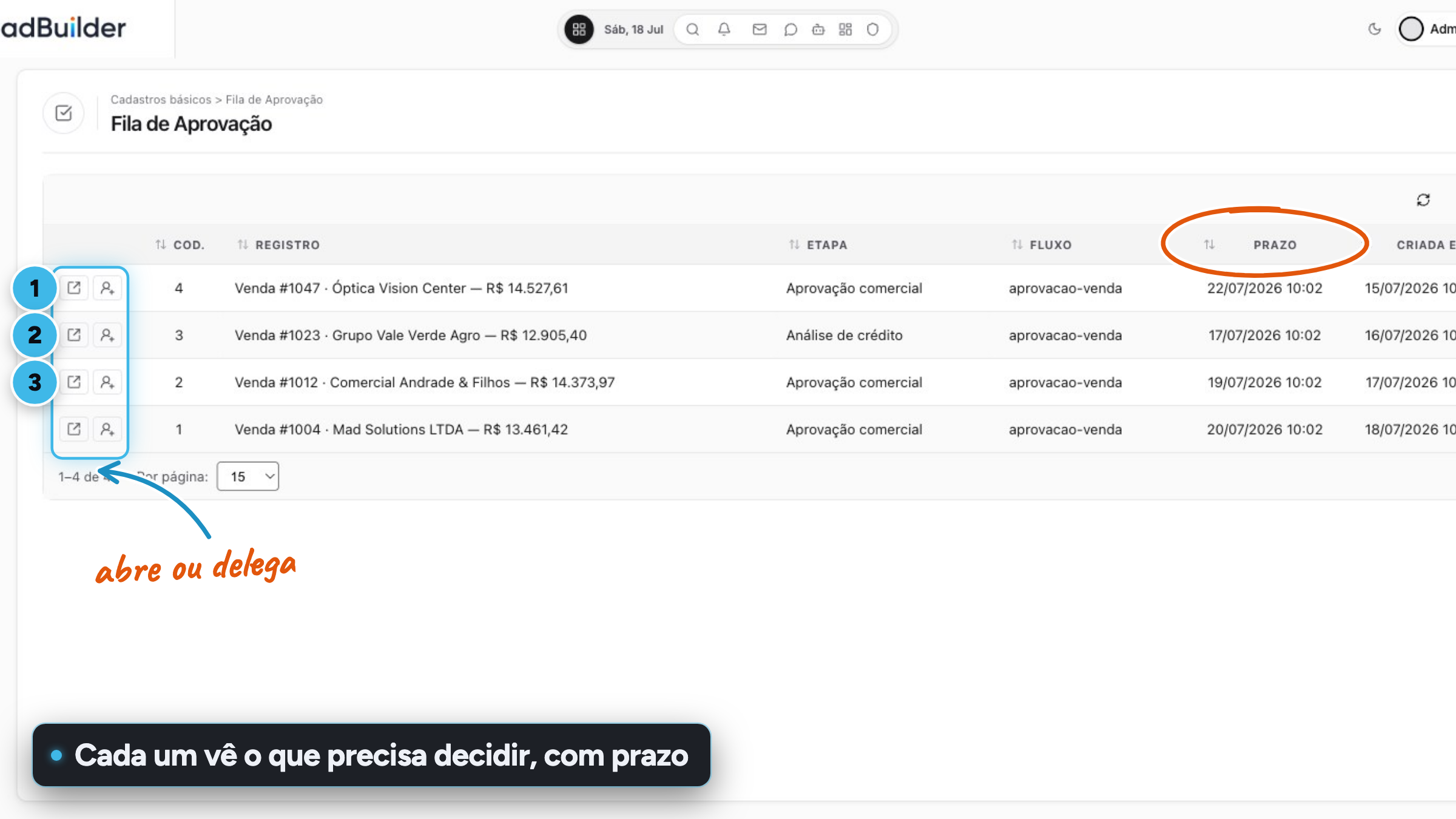Cola de aprobación con los pendientes del usuario y los botones para abrir o delegar