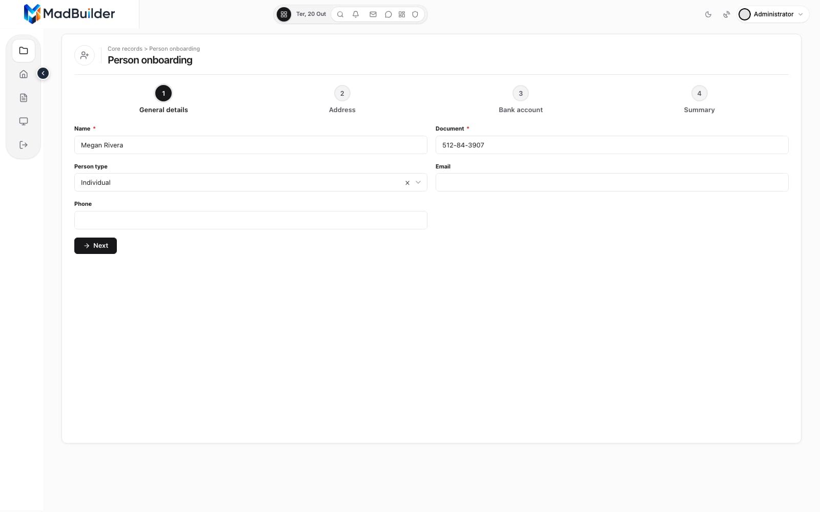 First step of the person onboarding form, with name, ID number and the four steps shown at the top