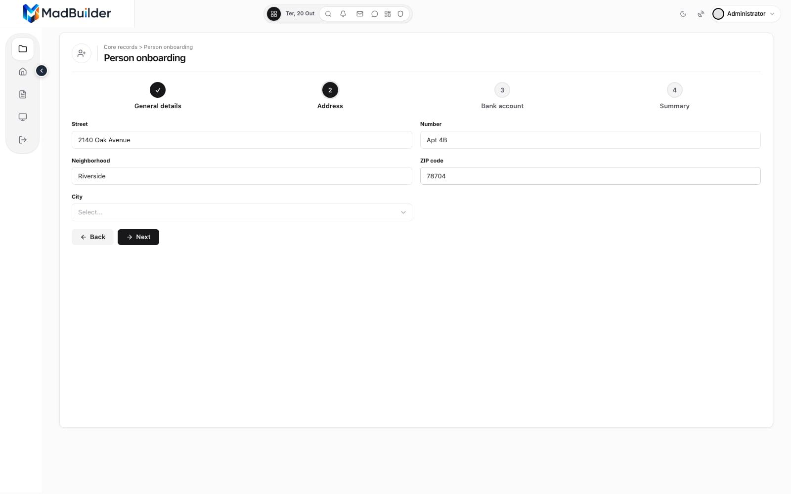 Second step of the onboarding form, with street, number, neighborhood, postal code and the city picked from a list