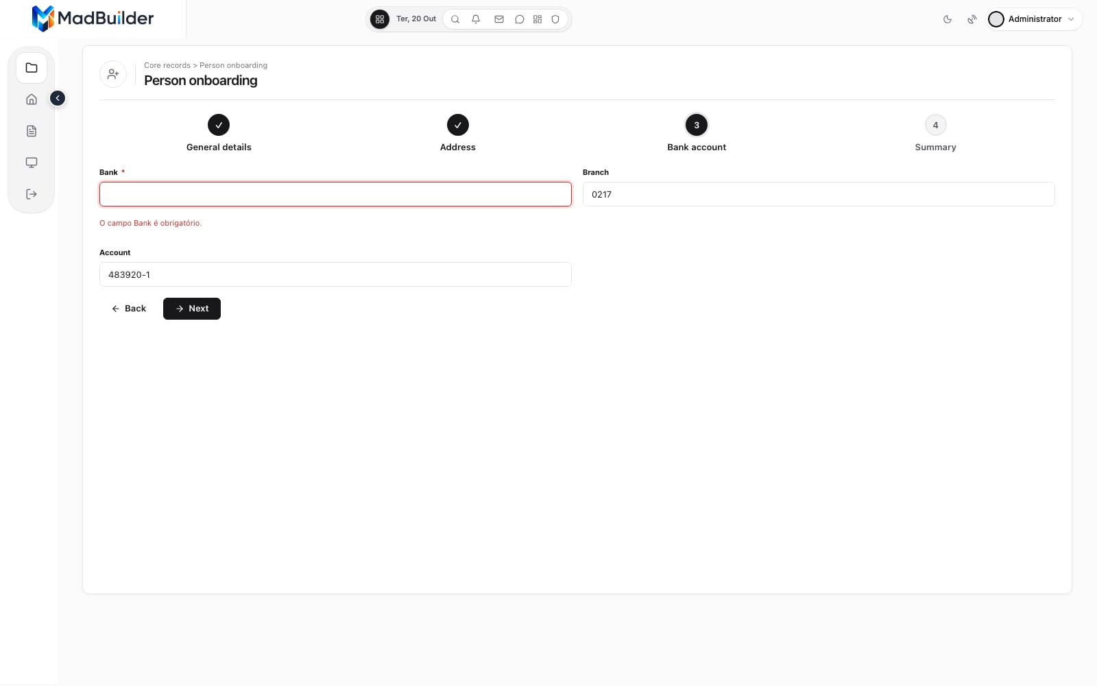 Third step of the onboarding form, with a required-field warning below the Bank field